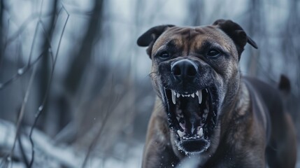 Close-up of a snarling brown dog in a snowy forest, displaying teeth fiercely. - Powered by Adobe