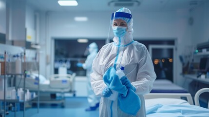 Professional nurse in protective gear diligently disinfecting a hospital room, ensuring safety and cleanliness.
