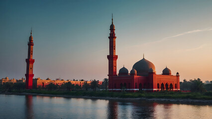 Large and majestic red mosque and silhouettes warm landscape feel with blue sky