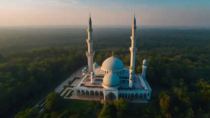 Large and majestic mosque is located in the middle of the forest with fog and warm landscape feel