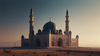 Fototapeta premium Large and majestic mosque is located in the middle of the desert and silhouettes warm landscape feel