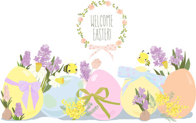 Vector Greeting Card with Spring Flowers and Easter Eggs
