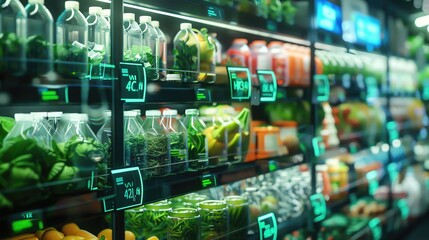 Zero waste market displaying sustainable shopping practices, with eco friendly products and digital price tags