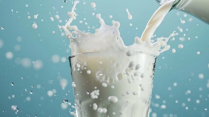 Pouring milk in the glass on the background of nature. Generative AI,