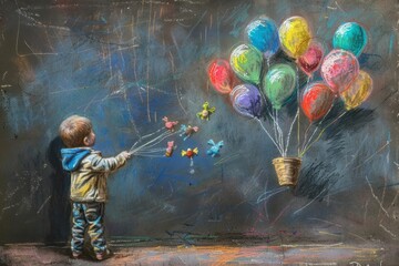 A nostalgic childhood scene with toys and balloons, drawn in tender pastel chalks