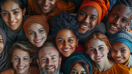 Obraz premium Multiethnic group looking up, showcasing diversity and unity. Ideal for topics on multiculturalism and community in business, education, and social sectors.