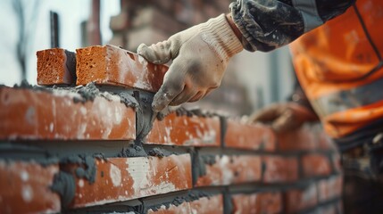 Close-up shot of a construction worker laying bricks and applying mortar with precision.