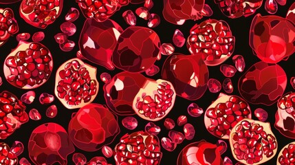 Colorful illustration of pomegranates and seeds on a dark background