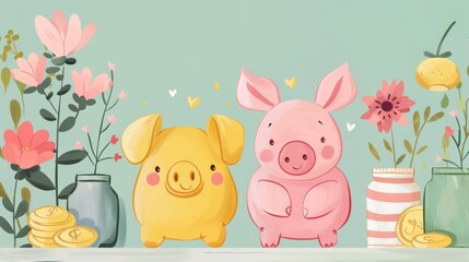 A pair of cartoon pigs, one pink and one yellow, stand in front of a blue background. The yellow pig is wearing a blue hat and the pink pig is wearing a pink hat.