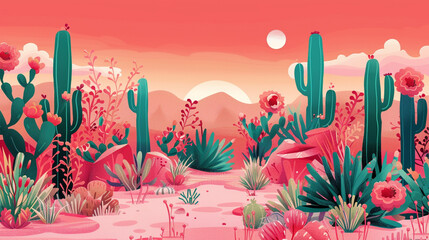 An illustration of the desert with cacti and flowers, pink and red color palette. 