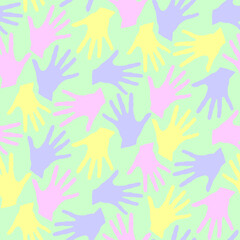 Seamless pattern with palm prints. Symbol of racial and national equality, friendship, happy childhood, world peace, unity of peoples and globalization.