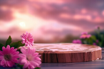 wooden podium on the background of a beautiful sunset