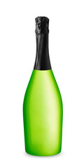 Isolated green champagne bottle with a foil top on a white background