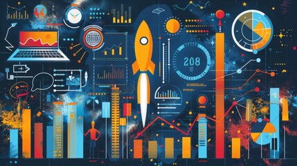 A rocket ship launching into space with graphs, charts, and data surrounding it.