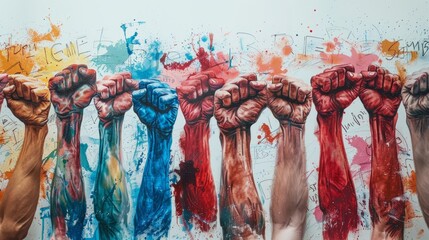 A row of multi-colored fists raised in front of a white background.