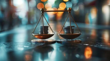A scale with two stacks of coins on it, each stack balanced on a separate pan of the scale. The background is blurred.