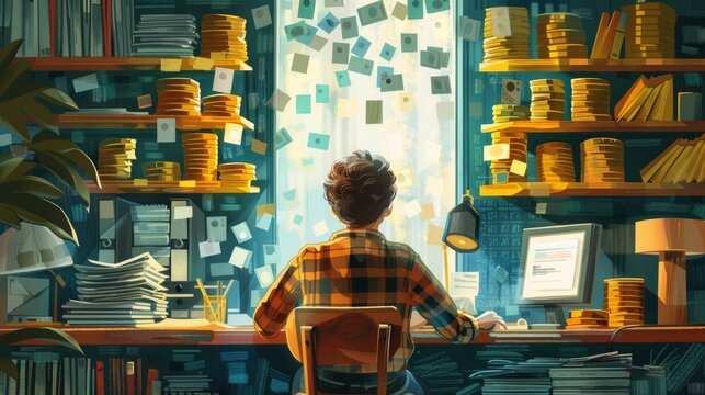 A programmer sitting in a messy office working on a computer.