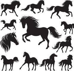 Horse silhouette animal set  on white background. Black horses graphic element vector illustration. High Resolution JPG, EPS 10 included.