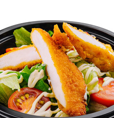 Crispy chicken salad in takeout bowl