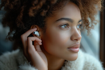 Young woman inserting wireless earbud. Emphasizes modern communication, music enjoyment, and young...