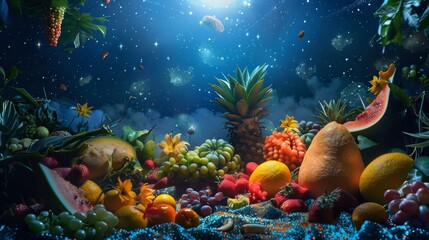 Vibrant assortment of fruits and flowers on a dreamy celestial background