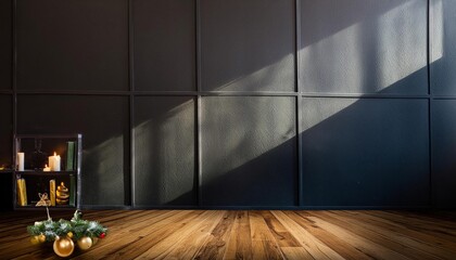 Atmospheric room with hardwood flooring, black background, and a touch of grey