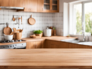 Wooden table on blurred kitchen bench background Empty wooden table and blurred kitchen background