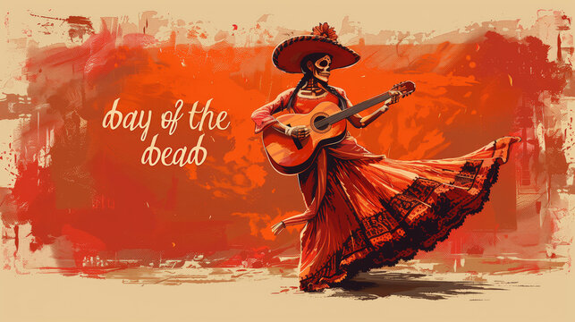 Day of the Dead. Mexican skeleton playing guitar.