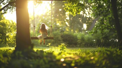 Serene Moment on a Wooden Swing Under a Leafy Tree