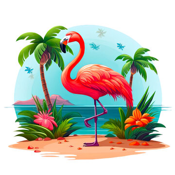 Pink Flamingo On Paradise Island Clip Art Illustration. Flamingo On Vacation. Bird With Palm Trees On The Background Of A Beach With The Sea