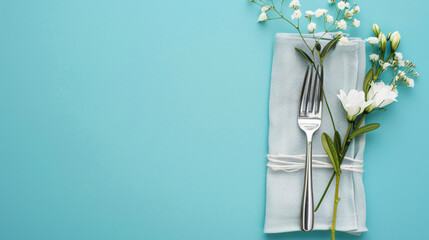 Fork with napkin and flowers on blue background