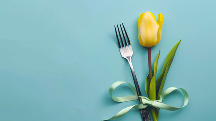 Fork with ribbon and yellow tulip on color background - Powered by Adobe