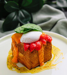 Gourmet poached egg on savory french toast