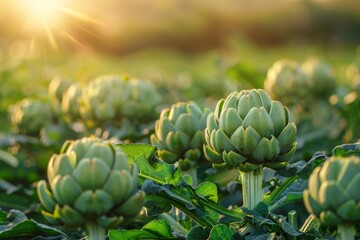 An organic artichoke field, the unique green globes emerging from their plant base, captured under soft daylight, perfect for a healthy eating theme with space for text
