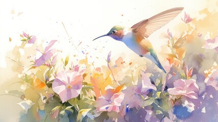  vibrant watercolor painting of a hummingbird hovering gracefully near a delicate flower, its iridescent wings shimmering in the sunlight.
