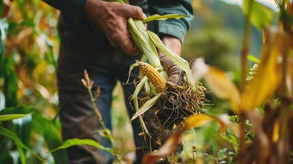 Action shot of a gardener harvesting corn, dynamic movement, blurred garden background emphasizing the subject