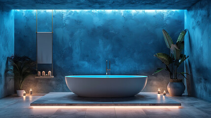 A minimalist home spa with a calming blue accent wall, a freestanding tub, and soft ambient lighting