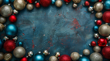 Frame made of Christmas balls on grunge grey background