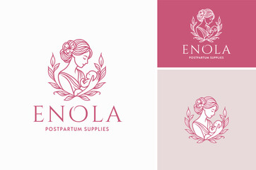 Beauty Woman as a Mother figure with a baby and floral for Newborn Love Affection or Postpartum logo design