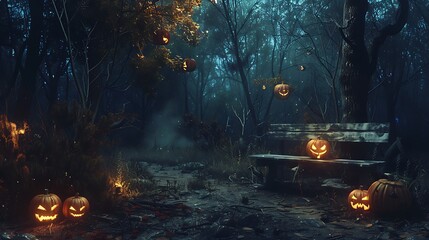 Twilight descends upon a sinister forest, where the malevolent gleam of Jack O' Lanterns casts an ominous light on a lone wooden bench, setting the stage for a spooky Halloween night. - Powered by Adobe