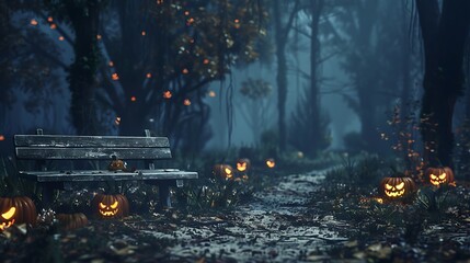 Twilight descends upon a sinister forest, where the malevolent gleam of Jack O' Lanterns casts an ominous light on a lone wooden bench, setting the stage for a spooky Halloween night.