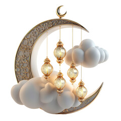 3d rendering of ramadan decoration of crescent clouds and arabic lanterns on transparent background