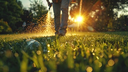 Gardener watering lawn with sprinkler system in backyard garden at sunset, sunlight casting long shadows on green grass and creating a tranquil atmosphere
