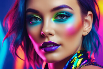 portrait of a woman with colorful makeup and background, commercial fashion cosmetic