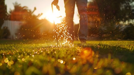 Gardener watering lawn with sprinkler system in backyard garden at sunset, sunlight casting long shadows on green grass and creating a tranquil atmosphere