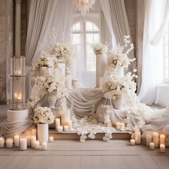Decor with white flowers and curtains. romantic background for a wedding ceremony.