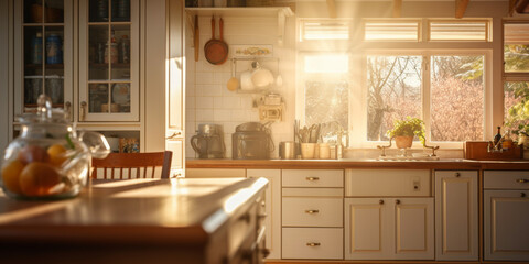 Gentle morning light illuminates a kitchen, highlighting the wooden counter as a central hub for family gatherings.