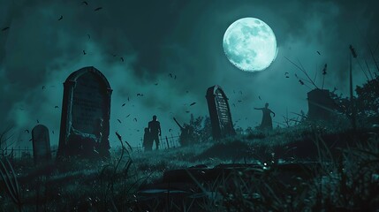 Zombies lurking behind weathered gravestones as a full moon casts haunting shadows