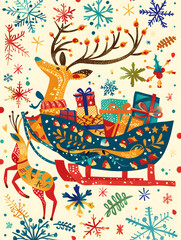 New Year's card or wallpaper featuring graphics such as gift boxes, Santa Claus, reindeer, and ornaments.