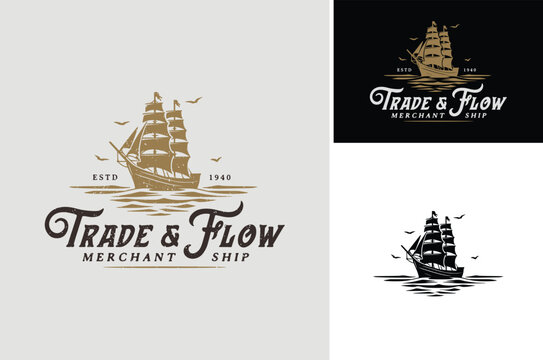 Old Galleon Pirate Ship or Classic Merchant Sailing Vessel Boat on ocean sea waves for vintage nautical illustration label logo design